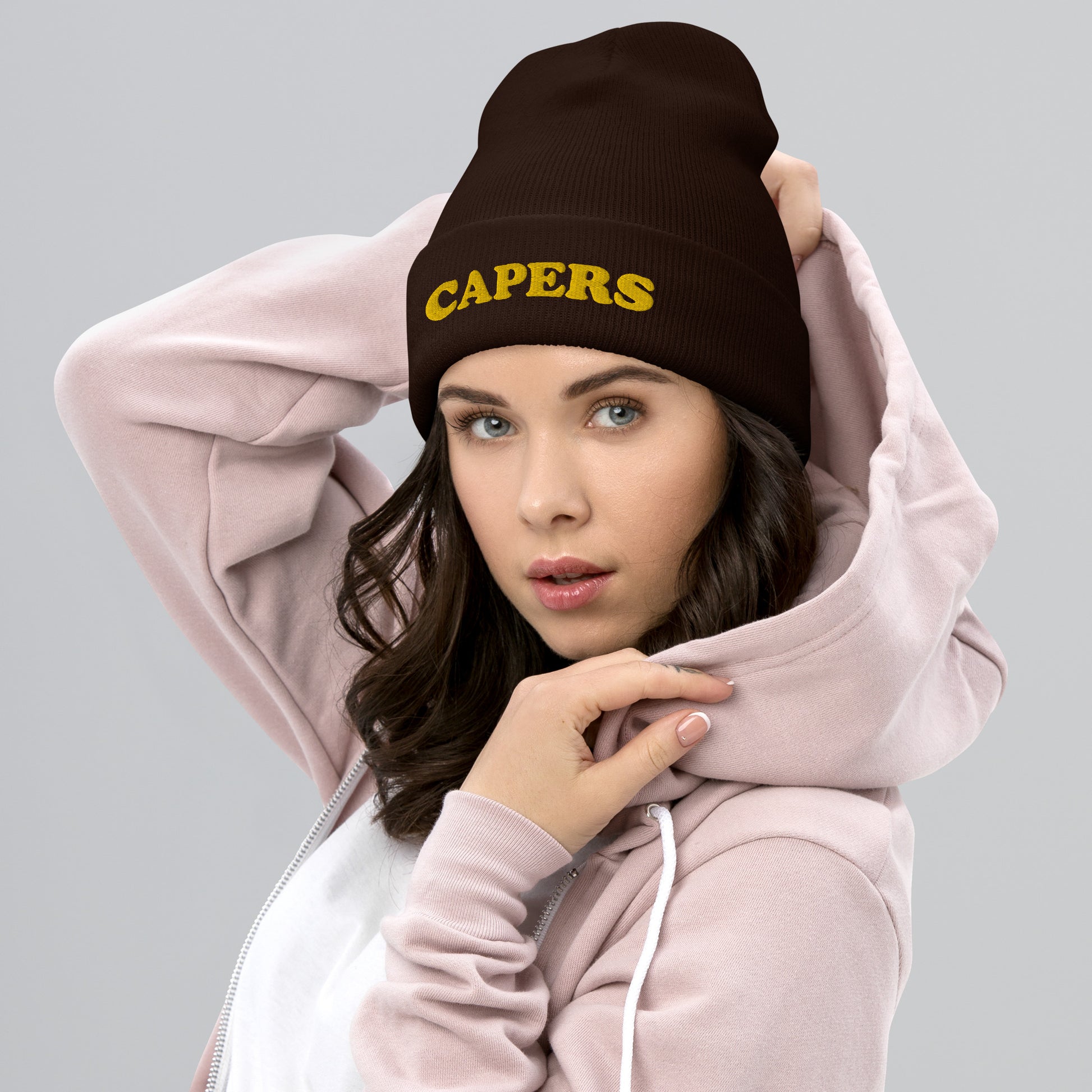 Does anyone actually like capers? Get controversial in this funky capers beanie or give a funny foodie gift. Its a unique and funny food beanie hat that's just a little weird. If you love capers, this weird hat is exactly what you need to spice up your outfit. Eat your capers in style in this funny brown and yellow capers beanie.