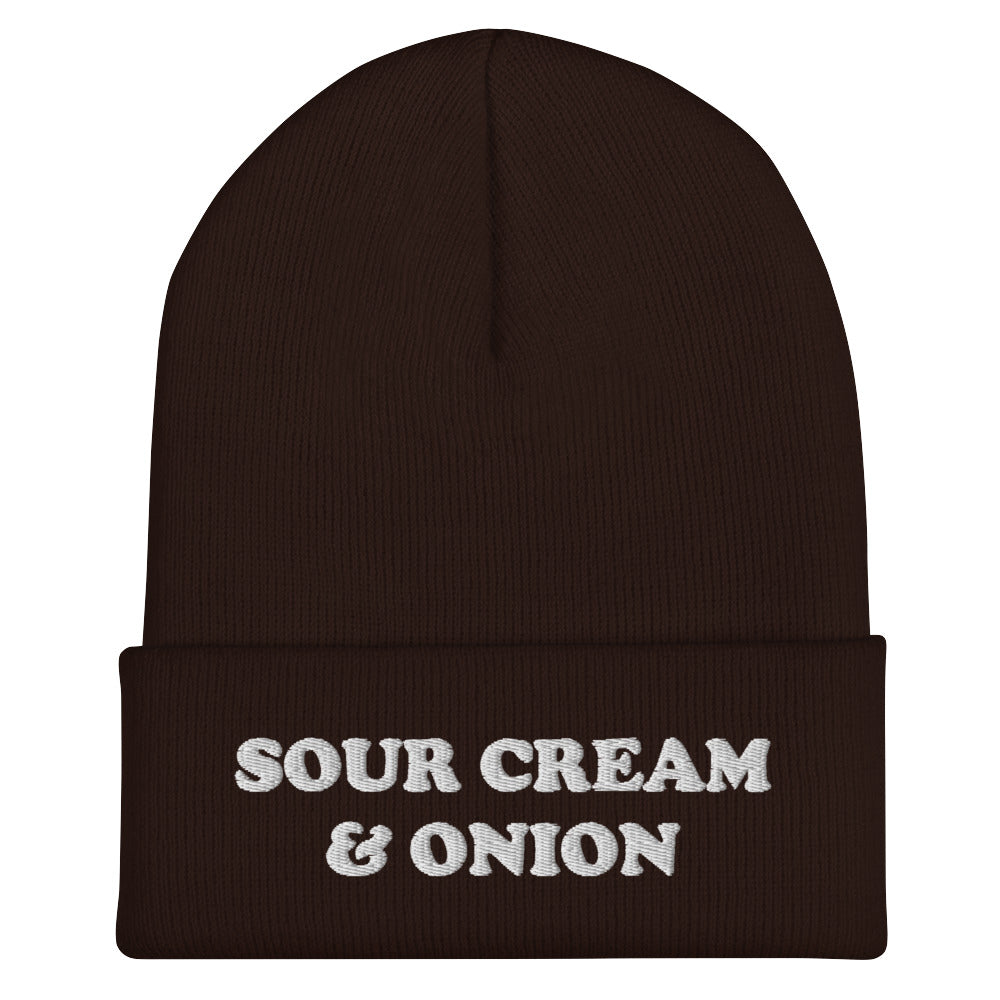 Brown and white sour cream and onion beanie hat. This sour cream and onion beanie hat is exactly what every chip lover needs. Eat your favorite chips in this funny food beanie. It's a unique beanie for foodies and a weird gift and for chip lovers and sour cream & onion enthusiasts. Celebrate your favorite chips in our sour cream and onion hat, and foodie clothing.