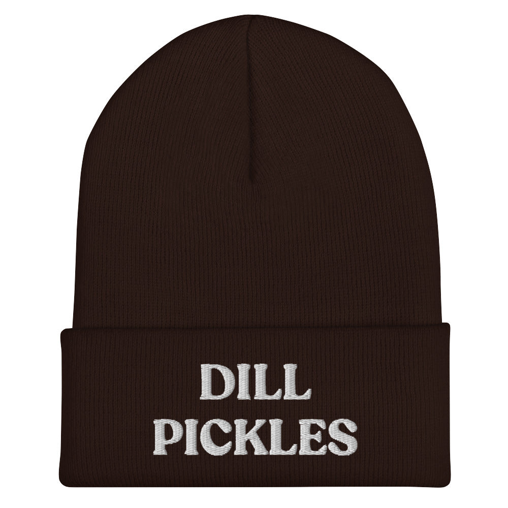 Brown and white dill pickles beanie hat. Eat dill pickles and wear a dill pickles beanie hat to match. This dill pickles beanie is funny, unique and just what every pickle lover needs. Celebrate your favorite foods and pickles in our unique food beanies and clothing. Our funky foodie designs make great weird gifts and unique ways to make your outfit funky.