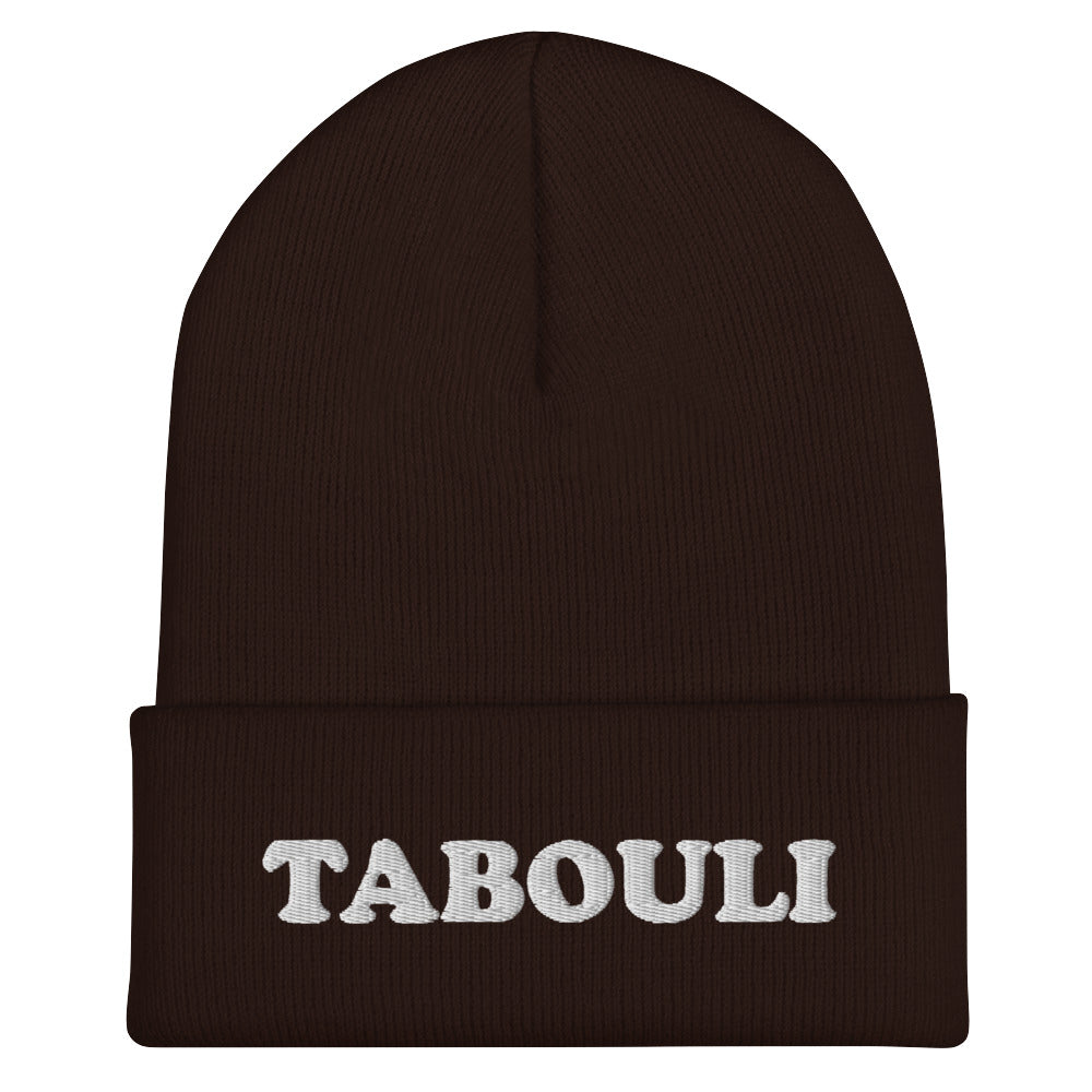 Brown tabouli beanie for foodies - Eat tabouli in style with this unique tabouli beanie. It's a unique beanie with your favorite Mediterranean salad in white embroidery. Wear what makes you smile! Our foodie clothing includes Middle Eastern, Eastern European, Jewish foods and more. Celebrate your favorite foods in our funky foodie clothing and accessories.