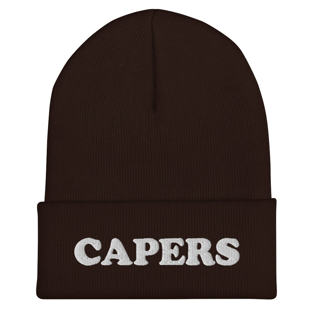 Capers beanie in brown and white - Does anyone actually like capers? Get controversial in this funky capers beanie or give a funny foodie gift. Its a unique and funny food beanie hat that's just a little weird. If you love capers, this weird hat is exactly what you need to spice up your outfit. Make it your next brunch beanie and eat your bagel in style.