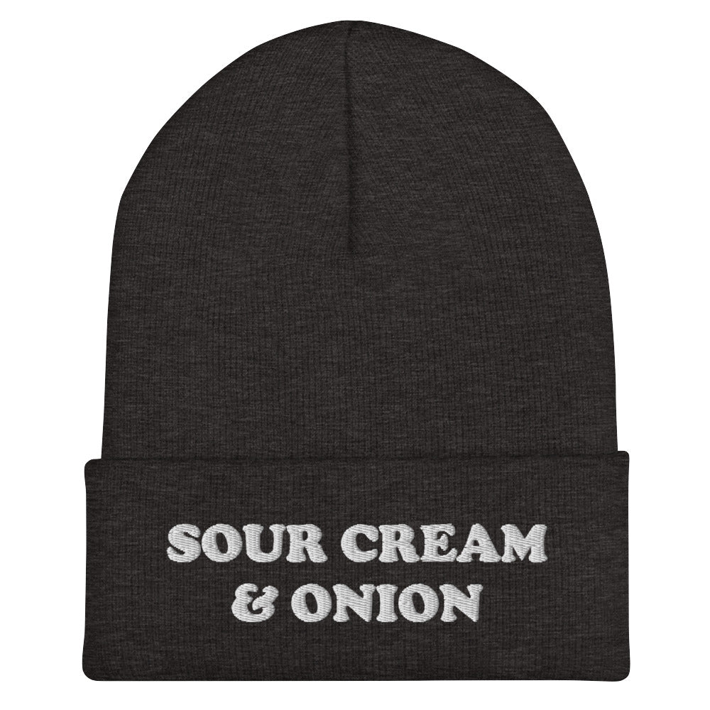 Dark gray and white sour cream and onion beanie. This sour cream and onion beanie hat is exactly what every chip lover needs. Eat your favorite chips in this funny food beanie. It's a unique beanie for foodies and a weird gift and for chip lovers and sour cream & onion enthusiasts. Celebrate your favorite chips in our sour cream and onion hat, and foodie clothing.