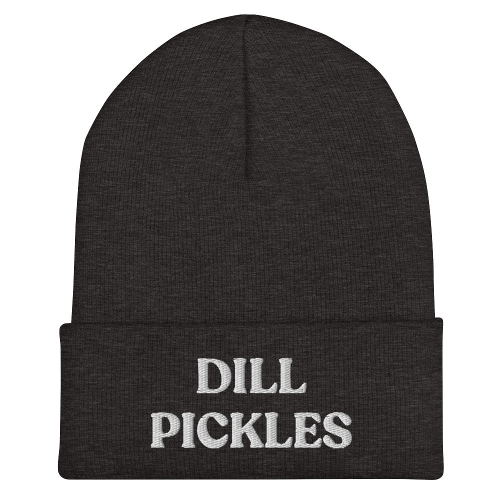 Gray and white dill pickles beanie hat. Eat dill pickles and wear a dill pickles beanie hat to match. This dill pickles beanie is funny, unique and just what every pickle lover needs. Celebrate your favorite foods and pickles in our unique food beanies and clothing. Our funky foodie designs make great weird gifts and unique ways to make your outfit funky.