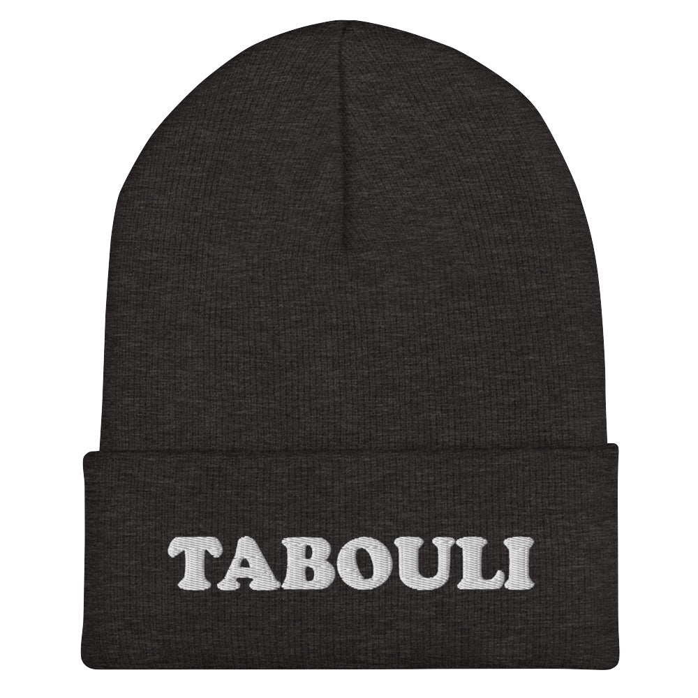 Dark gray middle easten food hat - Eat tabouli in style with this unique tabouli beanie. It's a unique beanie with your favorite Mediterranean salad in white embroidery. Wear what makes you smile! Our foodie clothing includes Middle Eastern, Eastern European, Jewish foods and more. Celebrate your favorite foods in our funky foodie clothing and accessories.