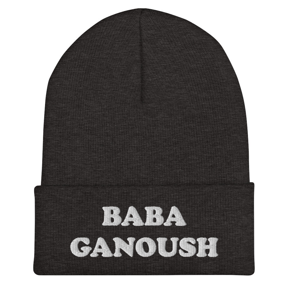 Gray baba ganoush hat - Eat baba ganoush in your new fitted baba ganoush beanie. This fitted foodie beanie has white embroidery of a classic middle eastern dish. It's a funny and unusual hat for foodies and baba ganoush enthusiasts. Love hummus? Falafel? Shakshuka? Celebrate your favorite middle eastern foods in our weird & funky foodie hats. 