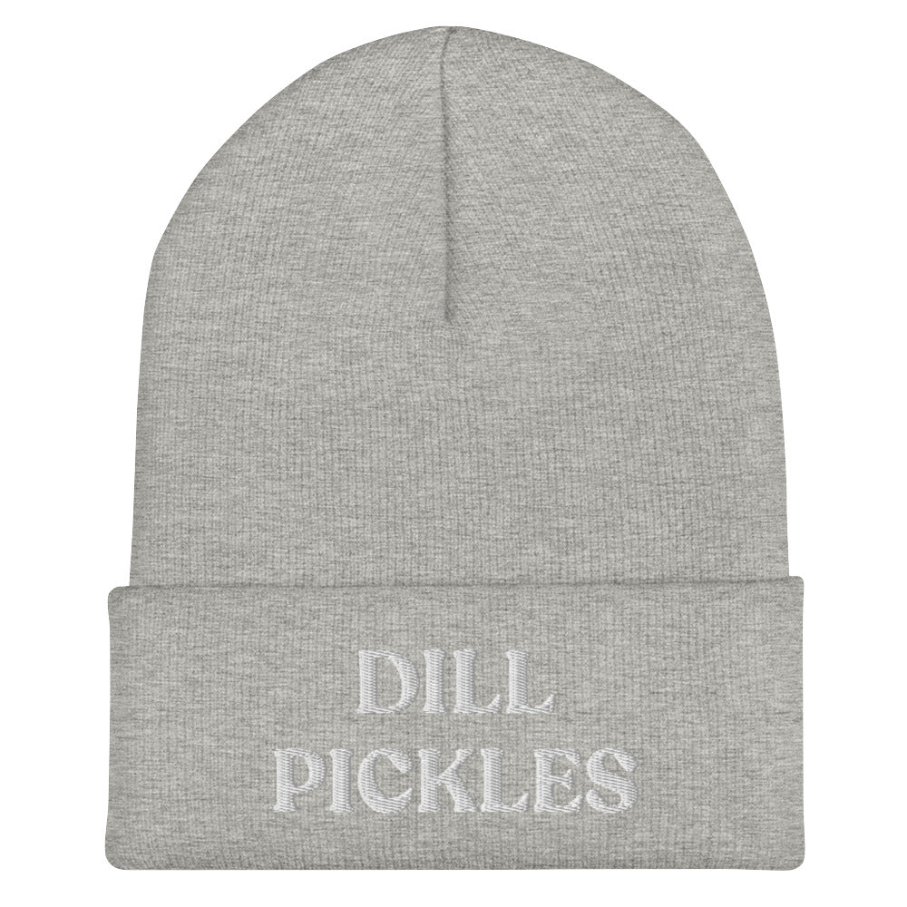 Light gray and white dill pickles beanie hat. Eat dill pickles and wear a dill pickles beanie hat to match. This dill pickles beanie is funny, unique and just what every pickle lover needs. Celebrate your favorite foods and pickles in our unique food beanies and clothing. Our funky foodie designs make great weird gifts and unique ways to make your outfit funky.