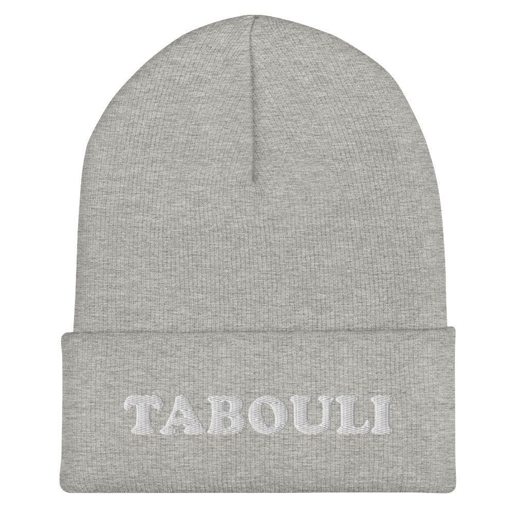 gray beanie with white embroidery for tabouli lovers - Eat tabouli in style with this unique tabouli beanie. It's a unique beanie with your favorite Mediterranean salad in white embroidery. Wear what makes you smile! Our foodie clothing includes Middle Eastern, Eastern European, Jewish foods and more. Celebrate your favorite foods in our funky foodie clothing and accessories.