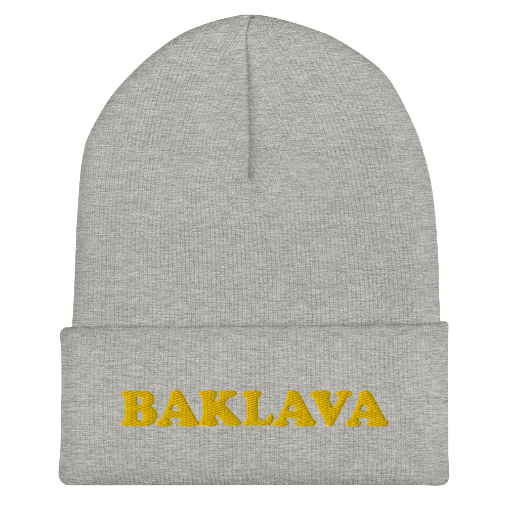 Light gray beanie with baklava embroidery - This baklava beanie hat is a classic fitted beanie with an funky yellow embroidery. It's a funny hat for foodies and baklava lovers. If you love weird hats or you're looking for a funny gift for foodies, we have the funky clothing and accessories for you. Stay funky in our unique streetwear and original funky designs. 