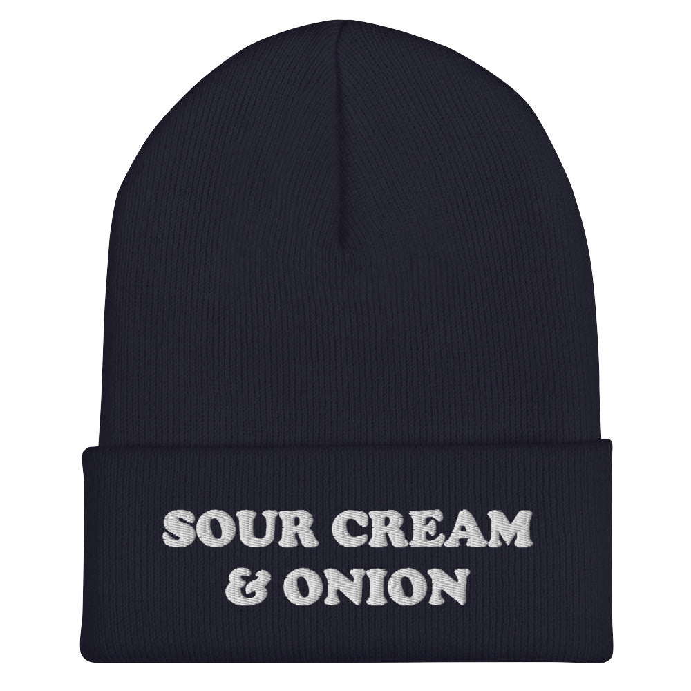 Blue and white sour cream and onion winter hat. This sour cream and onion beanie hat is exactly what every chip lover needs. Eat your favorite chips in this funny food beanie. It's a unique beanie for foodies and a weird gift and for chip lovers and sour cream & onion enthusiasts. Celebrate your favorite chips in our sour cream and onion hat, and foodie clothing.