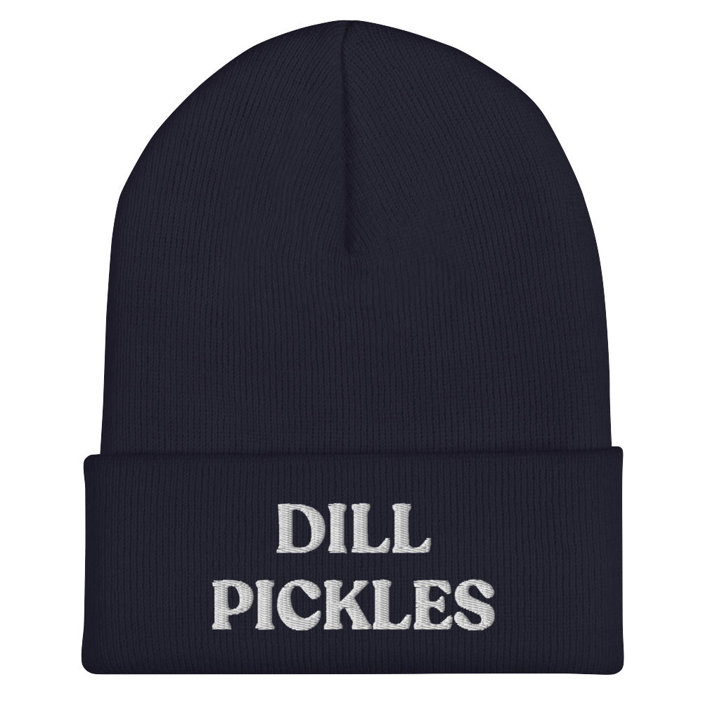 Blue and white dill pickles beanie hat. Eat dill pickles and wear a dill pickles beanie hat to match. This dill pickles beanie is funny, unique and just what every pickle lover needs. Celebrate your favorite foods and pickles in our unique food beanies and clothing. Our funky foodie designs make great weird gifts and unique ways to make your outfit funky.