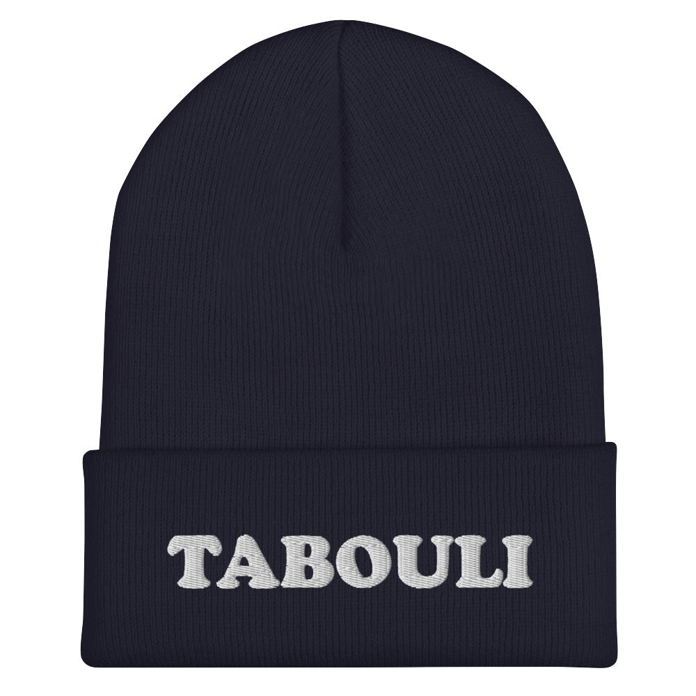 Funny foodie beanie in navy blue with tabouli in white embroidery - Eat tabouli in style with this unique tabouli beanie. It's a unique beanie with your favorite Mediterranean salad in white embroidery. Wear what makes you smile! Our foodie clothing includes Middle Eastern, Eastern European, Jewish foods and more. Celebrate your favorite foods in our funky foodie clothing and accessories.