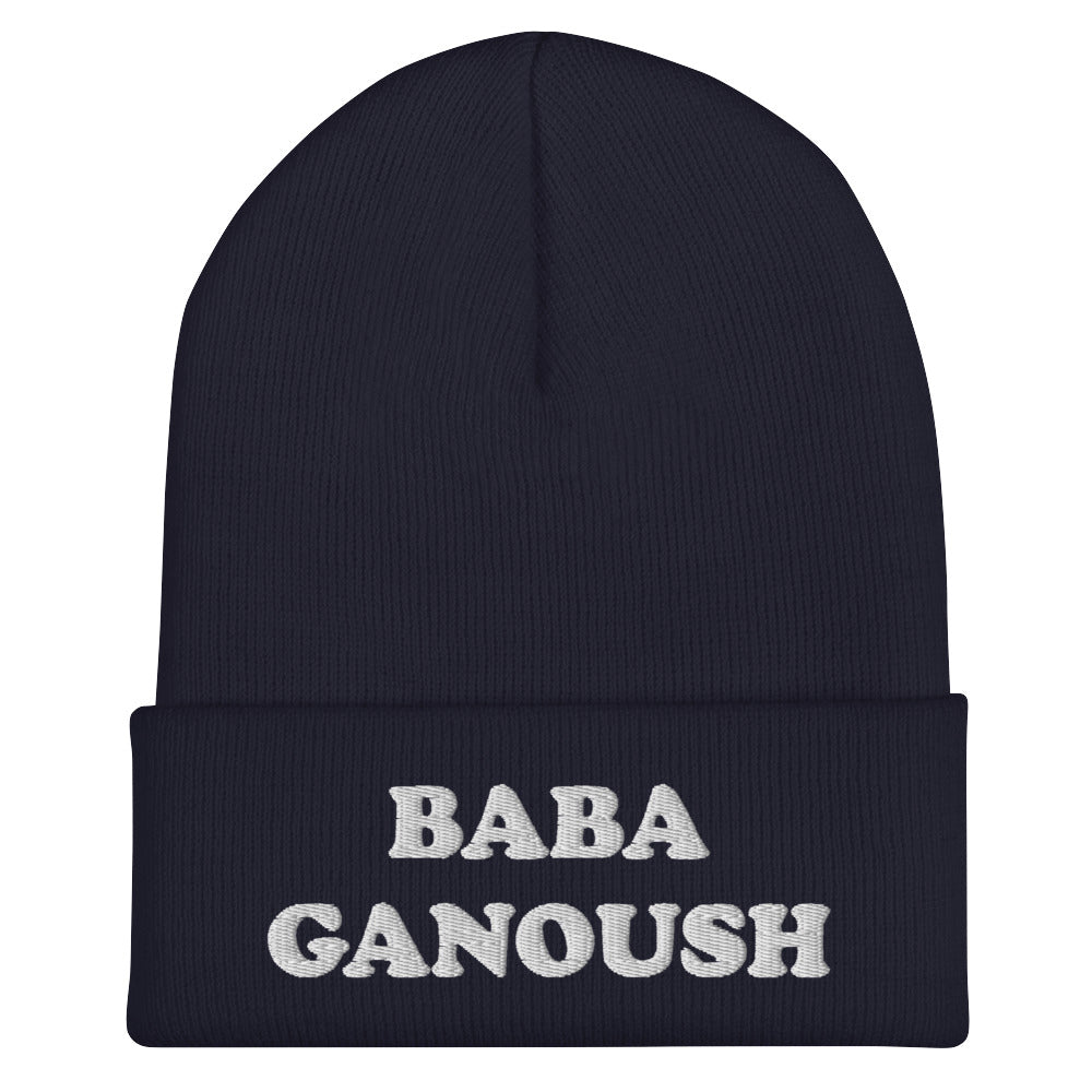 Navy baba ganoush hat - Eat baba ganoush in your new fitted baba ganoush beanie. This fitted foodie beanie has white embroidery of a classic middle eastern dish. It's a funny and unusual hat for foodies and baba ganoush enthusiasts. Love hummus? Falafel? Shakshuka? Celebrate your favorite middle eastern foods in our weird & funky foodie hats. 