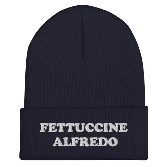 Navy Fettuccine Alfredo Beanie from Nina's Funky Shop by ninanush - Do you love Fettuccine Alfredo? Are you looking for a funny gift for a foodie friend? Our Fettuccine Alfredo Beanie is warm, cozy and the perfect funky hat for pasta enthusiasts of all kinds. Show off in this funny foodie beanie. It comes in a variety of colors, each expertly embroidered with the words "Fettuccine Alfredo". A statement hat for fettuccine lovers, designed by Nina and made just for you!