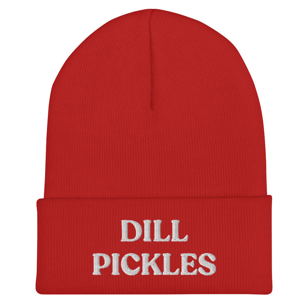 Red and white dill pickles beanie hat. Eat dill pickles and wear a dill pickles beanie hat to match. This dill pickles beanie is funny, unique and just what every pickle lover needs. Celebrate your favorite foods and pickles in our unique food beanies and clothing. Our funky foodie designs make great weird gifts and unique ways to make your outfit funky.