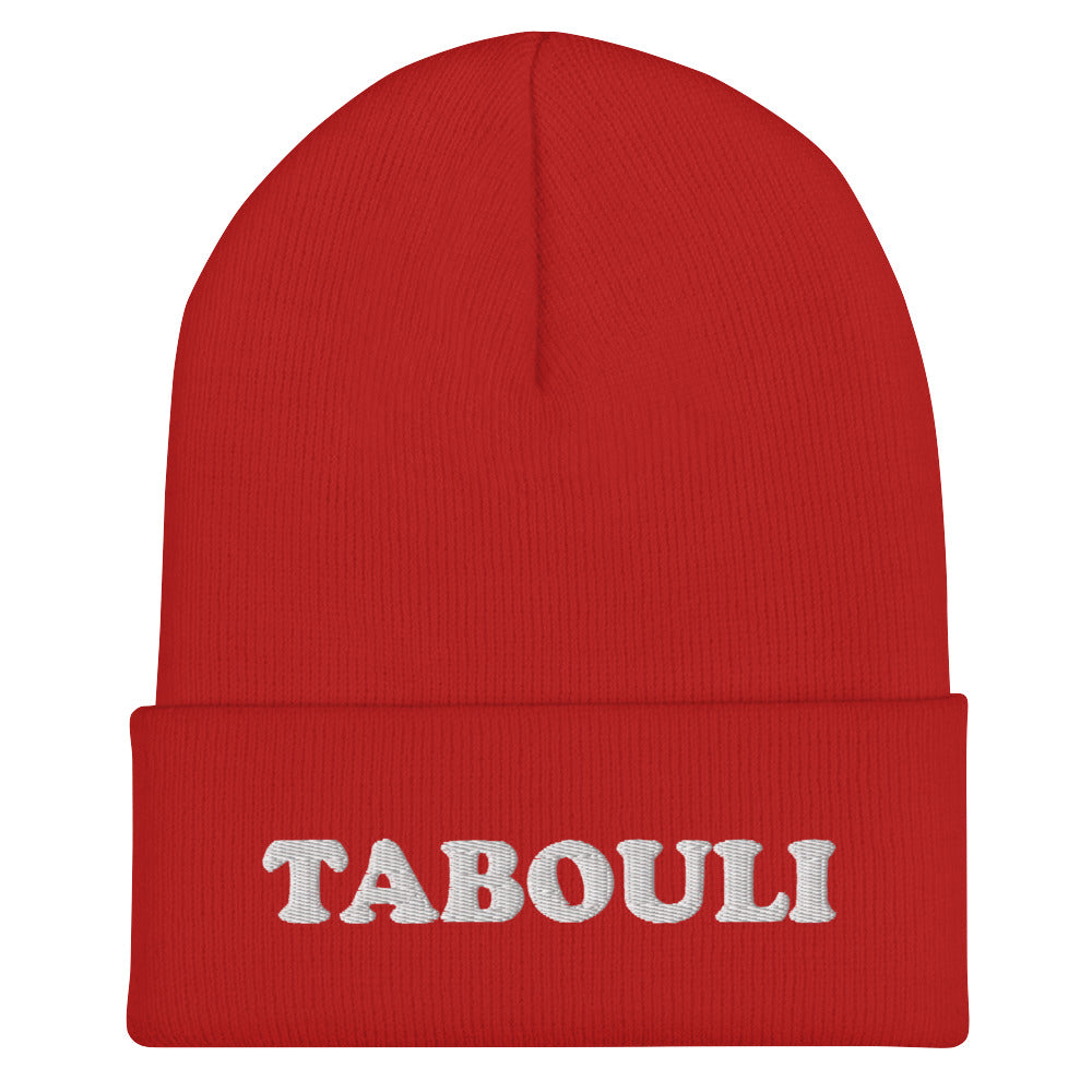 Red tabouli hat - Eat tabouli in style with this unique tabouli beanie. It's a unique beanie with your favorite Mediterranean salad in white embroidery. Wear what makes you smile! Our foodie clothing includes Middle Eastern, Eastern European, Jewish foods and more. Celebrate your favorite foods in our funky foodie clothing and accessories.