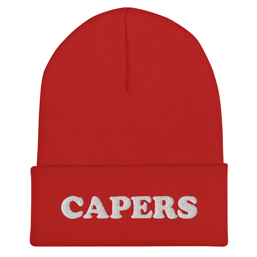 Capers beanie with red and white - Does anyone actually like capers? Get controversial in this funky capers beanie or give a funny foodie gift. Its a unique and funny food beanie hat that's just a little weird. If you love capers, this weird hat is exactly what you need to spice up your outfit. Make it your next brunch beanie and eat your bagel in style.