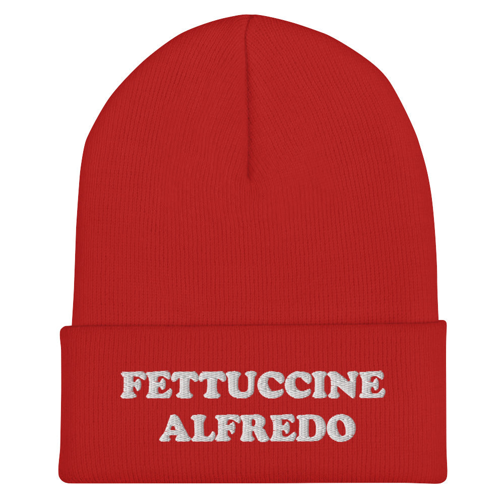 Red Fettuccine Alfredo Beanie from Nina's Funky Shop by ninanush - Do you love Fettuccine Alfredo? Are you looking for a funny gift for a foodie friend? Our Fettuccine Alfredo Beanie is warm, cozy and the perfect funky hat for pasta enthusiasts of all kinds. Show off in this funny foodie beanie. It comes in a variety of colors, each expertly embroidered with the words "Fettuccine Alfredo". A statement hat for fettuccine lovers, designed by Nina and made just for you!