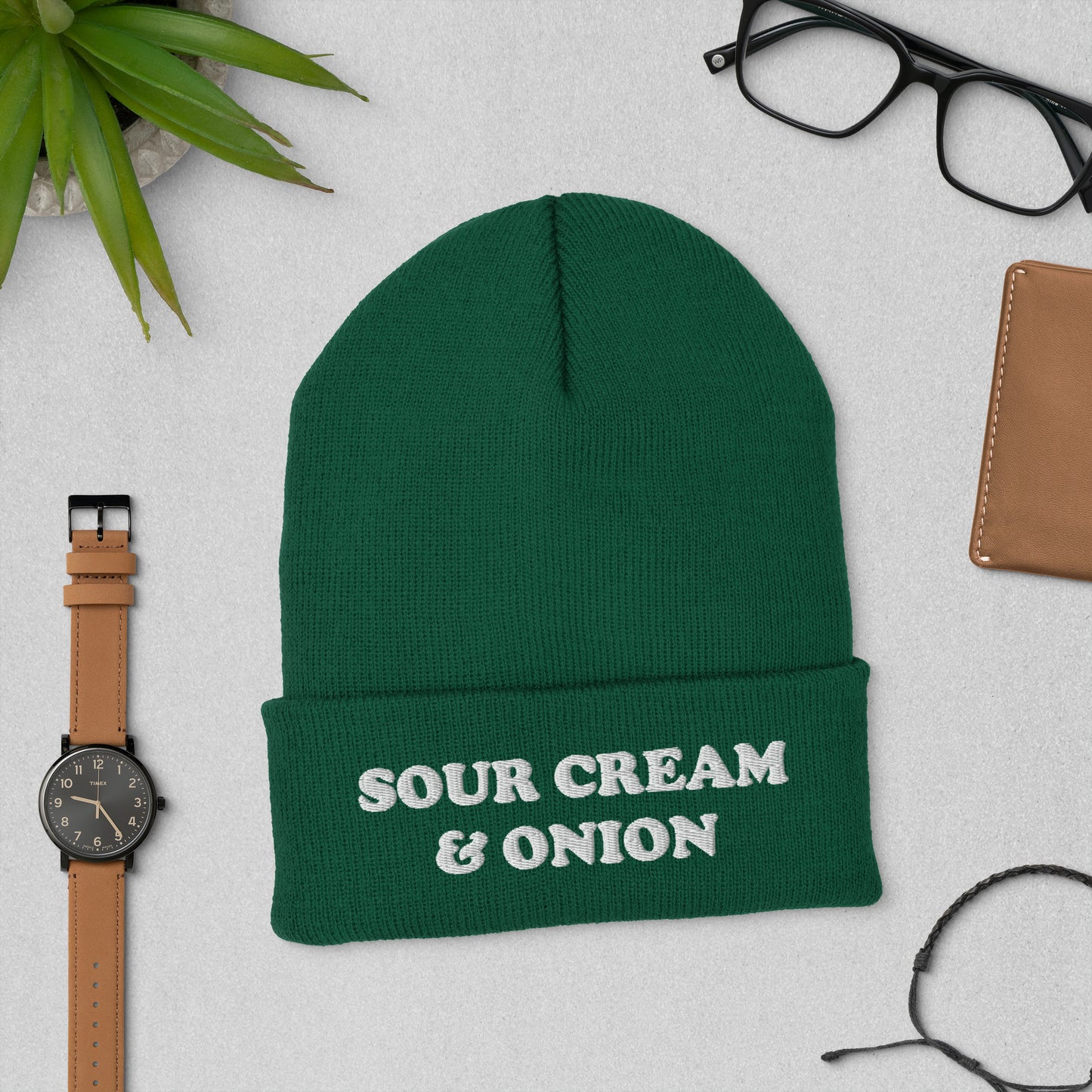 Funky green and white sour cream and onion beanie. This sour cream and onion beanie hat is exactly what every chip lover needs. Eat your favorite chips in this funny food beanie. It's a unique beanie for foodies and a weird gift and for chip lovers and sour cream & onion enthusiasts. Celebrate your favorite chips in our sour cream and onion hat, and foodie clothing.