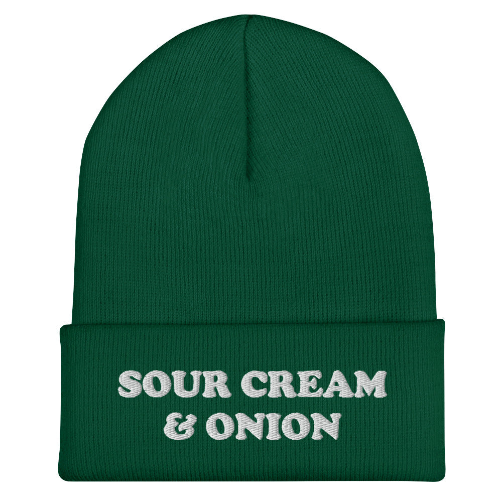 Green and white sour cream and onion beanie. This sour cream and onion beanie hat is exactly what every chip lover needs. Eat your favorite chips in this funny food beanie. It's a unique beanie for foodies and a weird gift and for chip lovers and sour cream & onion enthusiasts. Celebrate your favorite chips in our sour cream and onion hat, and foodie clothing.