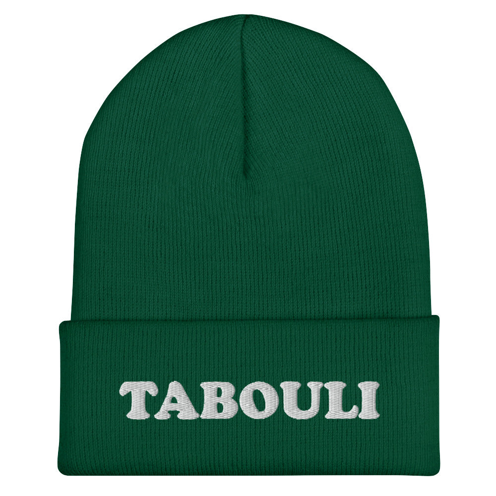 Green tabouli hat - Eat tabouli in style with this unique tabouli beanie. It's a unique beanie with your favorite Mediterranean salad in white embroidery. Wear what makes you smile! Our foodie clothing includes Middle Eastern, Eastern European, Jewish foods and more. Celebrate your favorite foods in our funky foodie clothing and accessories.