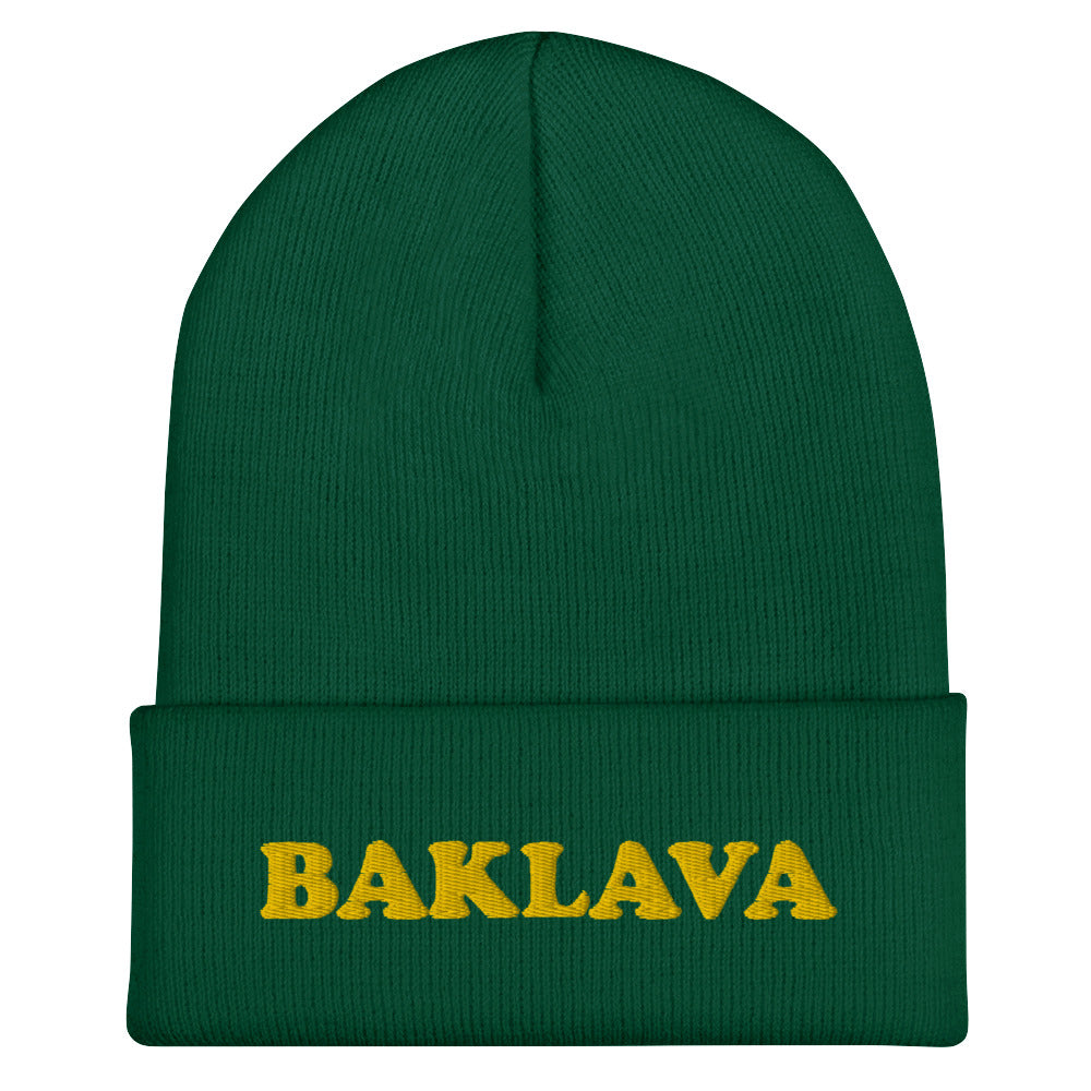 Green beanie with baklava embroidery - This baklava beanie hat is a classic fitted beanie with an funky yellow embroidery. It's a funny hat for foodies and baklava lovers. If you love weird hats or you're looking for a funny gift for foodies, we have the funky clothing and accessories for you. Stay funky in our unique streetwear and original funky designs. 