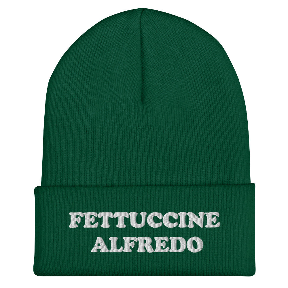 Green Fettuccine Alfredo Beanie from Nina's Funky Shop by ninanush - Do you love Fettuccine Alfredo? Are you looking for a funny gift for a foodie friend? Our Fettuccine Alfredo Beanie is warm, cozy and the perfect funky hat for pasta enthusiasts of all kinds. Show off in this funny foodie beanie. It comes in a variety of colors, each expertly embroidered with the words "Fettuccine Alfredo". A statement hat for fettuccine lovers, designed by Nina and made just for you!