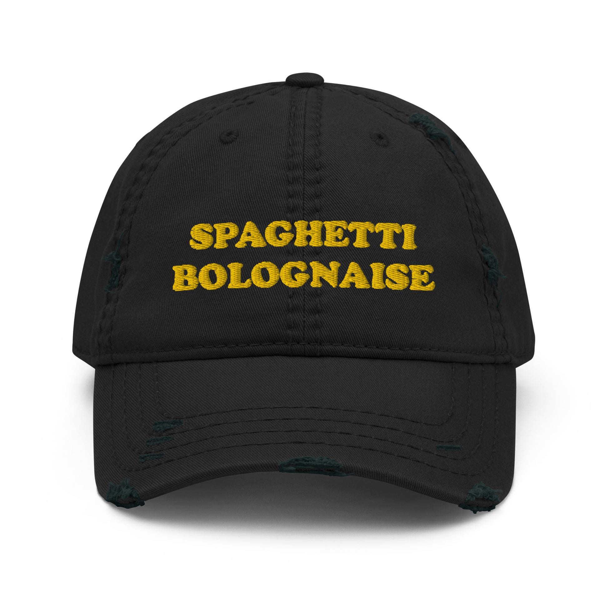 Stay funky in our "spaghetti bolognaise" dad hat with a slightly distressed brim and crown fabric. Now you can eat spaghetti in style. Celebrate your favorite food and wear this funny dad hat or give it as a funny and weird gift for foodies. This unique spaghetti bolognaise dad hat is exactly what every pasta lover needs.  Black and yellow spaghetti dad hat.