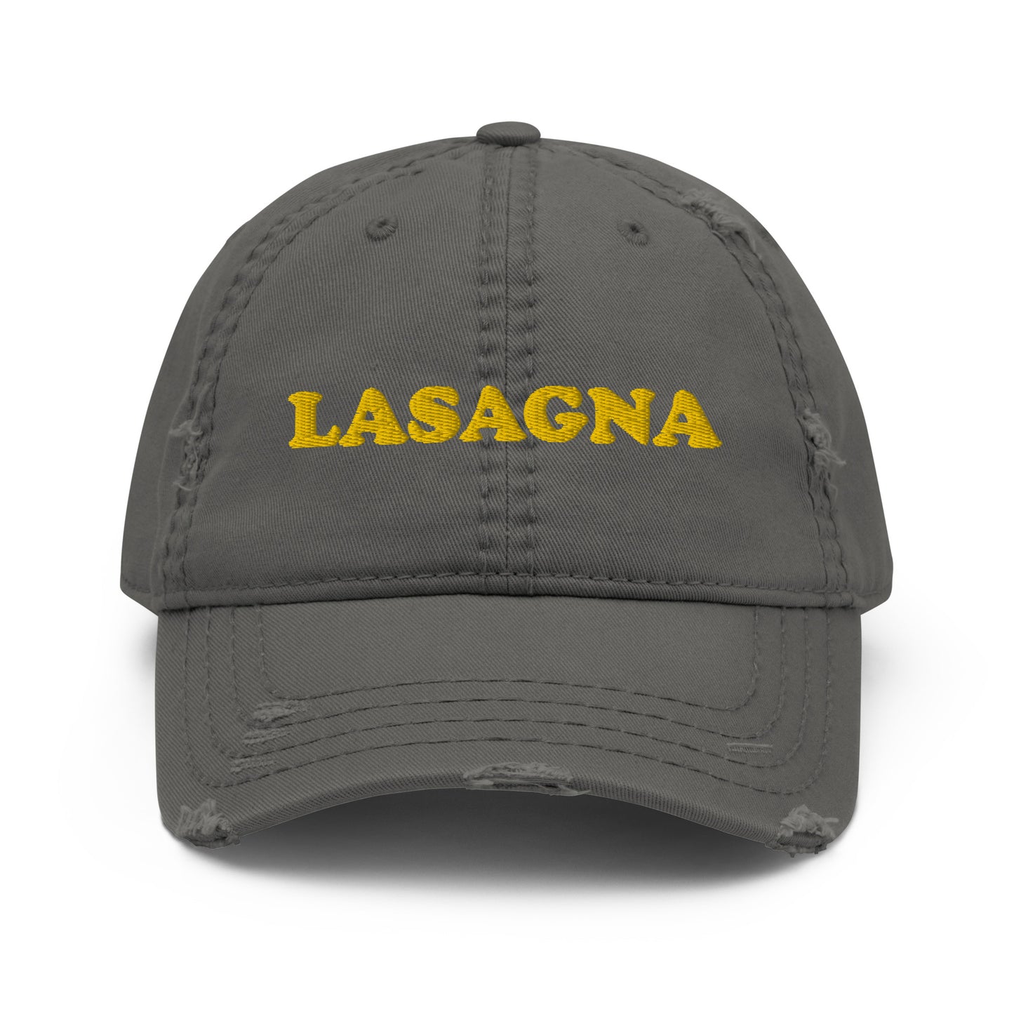 Our lasagna dad hat is funny and weird with slightly distressed fabric. Wear this funny lasagna hat at eat lasagna in style. Our cozy and comfortable funny food hats are cute and unique and perfect weird gifts for foodies. Stay funky and celebrate your favorite foods in our funky food dad hats and unique clothing designs.