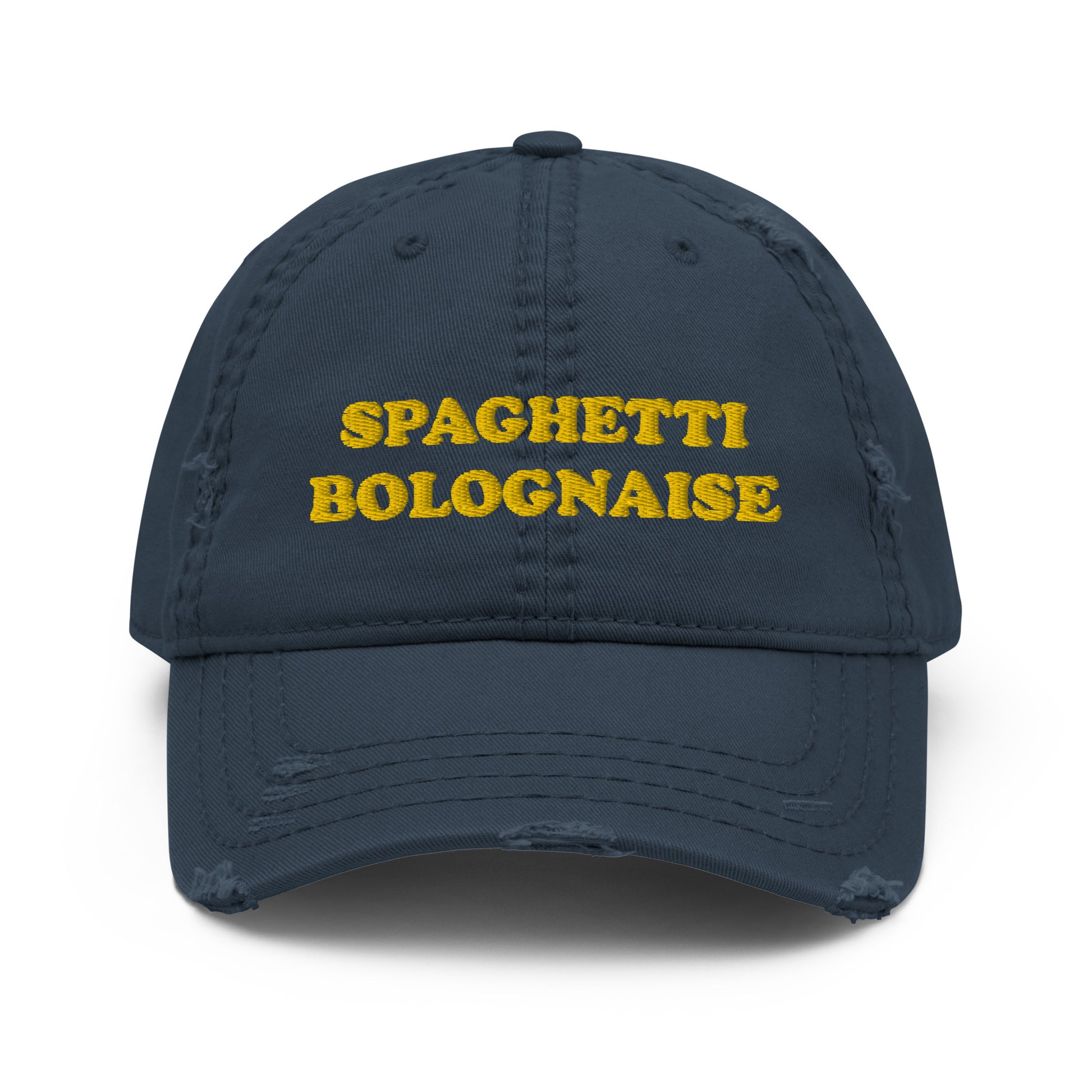 Stay funky in our "spaghetti bolognaise" dad hat with a slightly distressed brim and crown fabric. Now you can eat spaghetti in style. Celebrate your favorite food and wear this funny dad hat or give it as a funny and weird gift for foodies. This unique spaghetti bolognaise dad hat is exactly what every pasta lover needs.. Blue and yellow spaghetti dad hat.