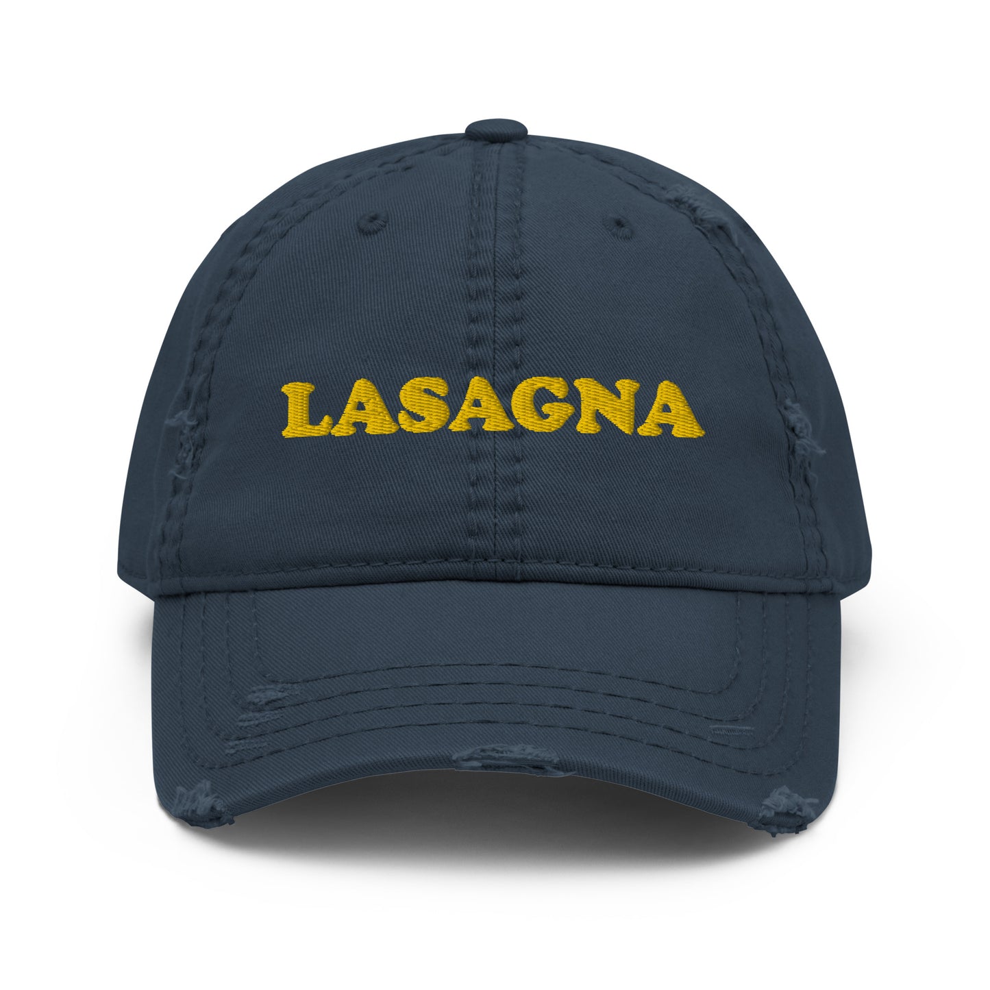 Our lasagna dad hat is funny and weird with slightly distressed fabric. Wear this funny lasagna hat at eat lasagna in style. Our cozy and comfortable funny food hats are cute and unique and perfect weird gifts for foodies. Stay funky and celebrate your favorite foods in our funky food dad hats and unique clothing designs.