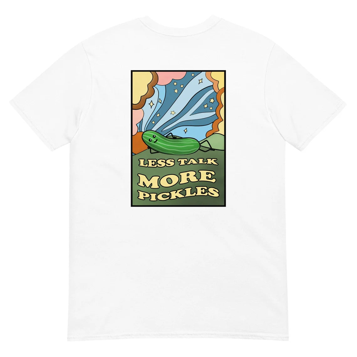 Pickle lovers unite! This funky pickle lover t-shirt is a colorful and original funky graphic t-shirt. This psychedelic t-shirt design is exactly what every pickle lover needs. This weird t-shirt is a perfect weird gift for foodies and pickle enthusiasts. Celebrate your favorite pickles in a colorful foodie tshirt. 