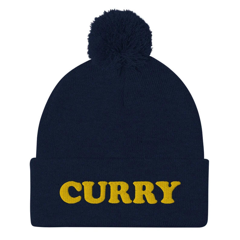 Navy blue unisex curry beanie for foodies - Eat curry in style with this funny foodie beanie. It's a unisex embroidered beanie that's perfect for curry enthusiasts of all kinds. If you love curry, this weird foodie hat is a must have. Wear this unique curry beanie or give it as a gift for a curry lover. It's a warm and cozy foodie beanie made just for you. 