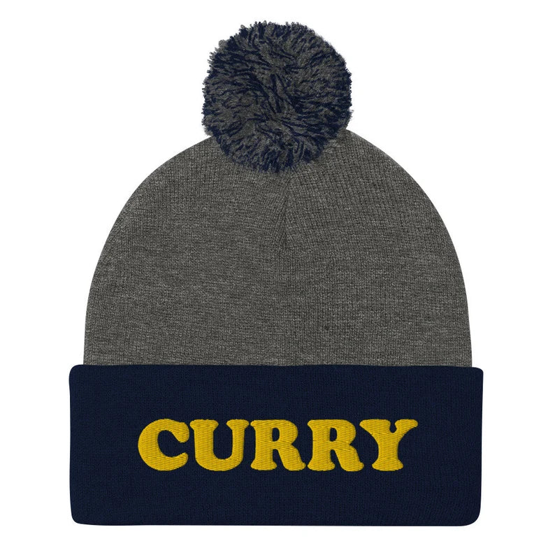 Navy blue and gray curry beanie for foodies - Eat curry in style with this funny foodie beanie. It's a unisex embroidered beanie that's perfect for curry enthusiasts of all kinds. If you love curry, this weird foodie hat is a must have. Wear this unique curry beanie or give it as a gift for a curry lover. It's a warm and cozy foodie beanie made just for you. 