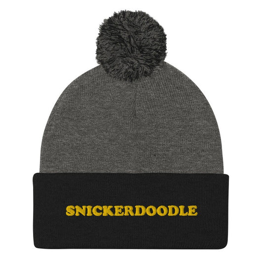 Black and gray snickerdoodle hat - Eat snickerdoodles in style and make a statement in this snickerdoodle beanie. It's a warm and cozy hat for foodies and made just for you. The funny foodie snickerdoodle hat is a classic beanie with a pom pom and a unique embroidery. It's a weird beanie for cookie lovers and a funny gift for snickerdoodle enthusiasts.