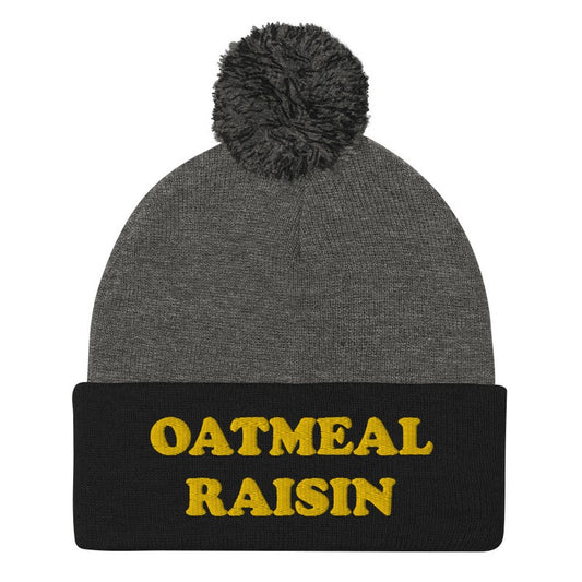 Black and gray oatmeal raisin beanie for cookie lovers - Eat oatmeal raisin cookies in style with this funny foodie beanie. It's a unisex embroidered beanie that's perfect for cookie enthusiasts of all kinds. If you love oatmeal raisin, this weird foodie hat is a must have. Wear this warm and cozy hat it or give it as a funny gift for foodies and oatmeal raisin enthusiasts.