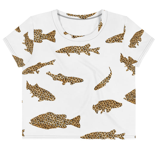 Funky leopard fish shirt for the animal print and fish lovers out there. We have bass, pickerel and trout in this wild leopard print shirt design. Let your wild funky self shine.  Stand out and stay funky!  Looking for you next wardrobe favorite? Well, look no further because this crop tee is printed and sewn to fit you just right. The original all-over design is funky, cute and totally unique. 