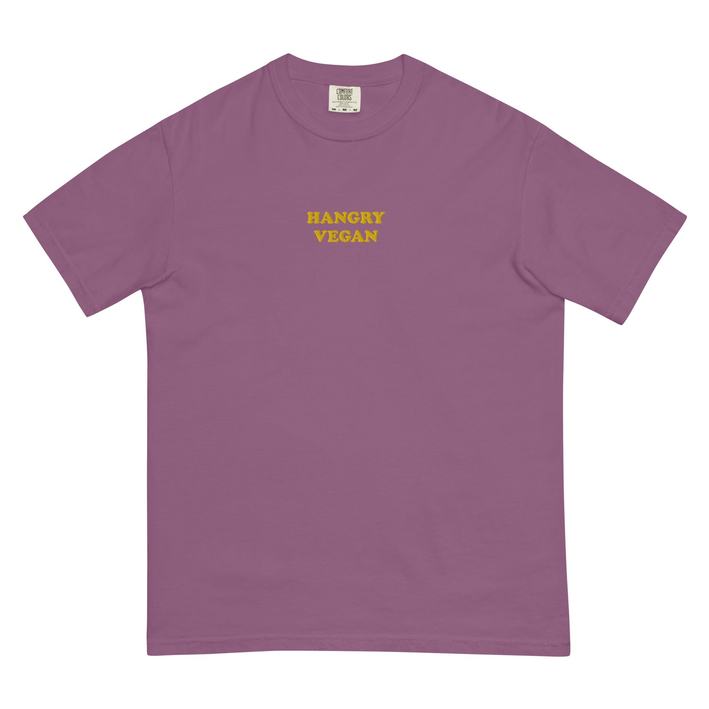 This purple and yellow funky hangry vegan t-shirt is garment dyed with a funny vegan embroidery design. This t-shirt is unique and makes a great vegan gift for all of your vegan friends. This funny t-shirt for vegans is soft and comfortable. Look good and stay weird in our funky streetwear with vegan sayings and designs. 