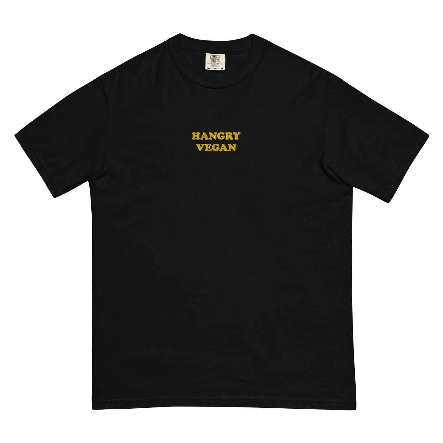 This black and yellow funky hangry vegan t-shirt is garment dyed with a funny vegan embroidery design. This t-shirt is unique and makes a great vegan gift for all of your vegan friends. This funny t-shirt for vegans is soft and comfortable. Look good and stay weird in our funky streetwear with vegan sayings and designs. 