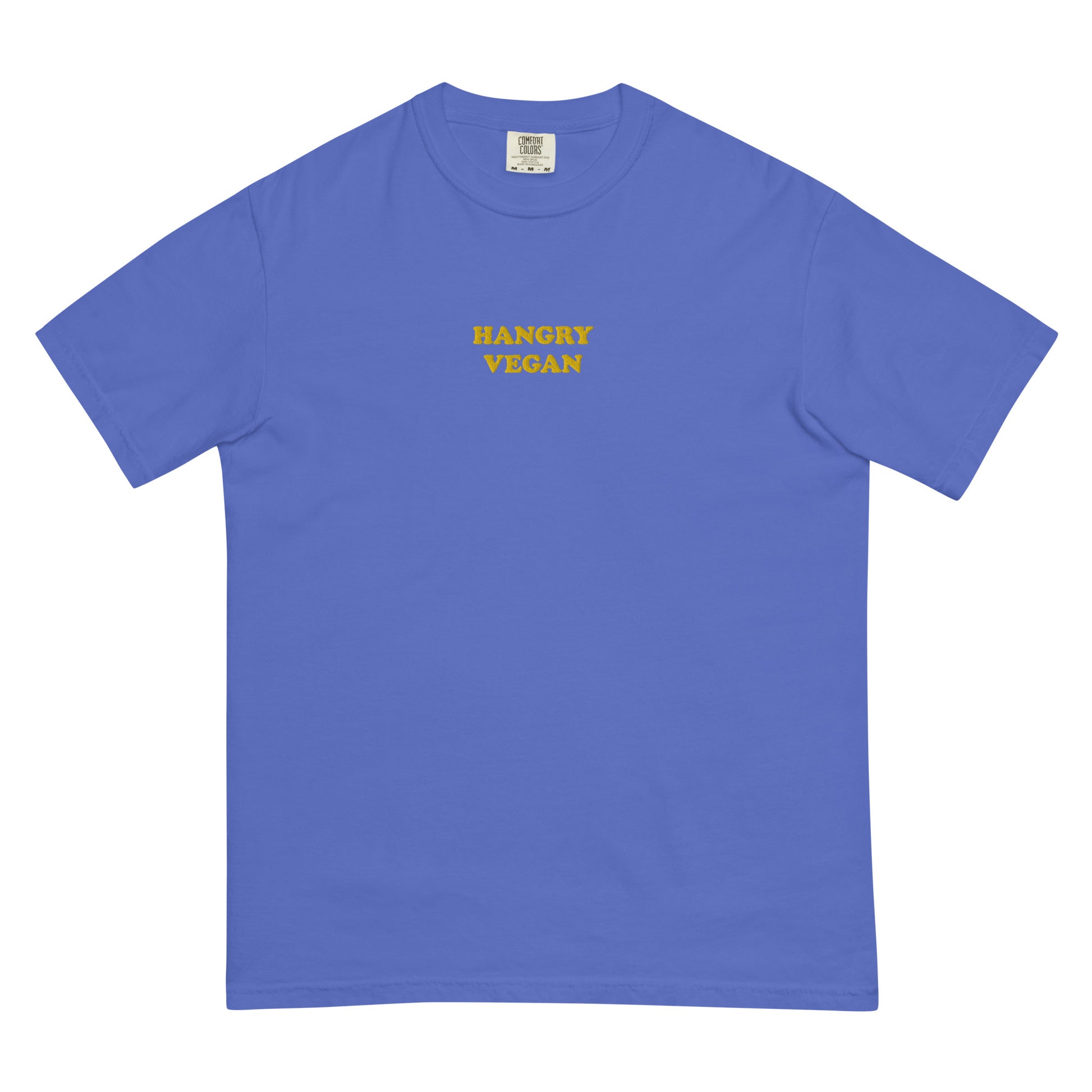 This blue and yellow funky hangry vegan t-shirt is garment dyed with a funny vegan embroidery design. This t-shirt is unique and makes a great vegan gift for all of your vegan friends. This funny t-shirt for vegans is soft and comfortable. Look good and stay weird in our funky streetwear with vegan sayings and designs. 