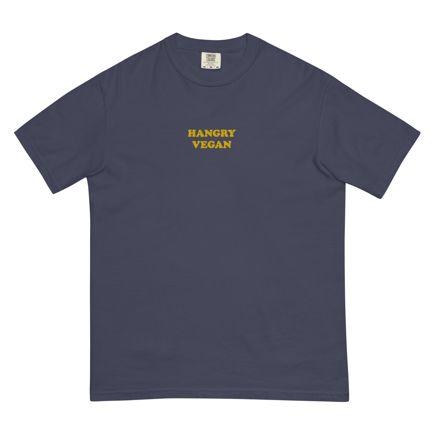 This blue and yellow funky hangry vegan t-shirt is garment dyed with a funny vegan embroidery design. This t-shirt is unique and makes a great vegan gift for all of your vegan friends. This funny t-shirt for vegans is soft and comfortable. Look good and stay weird in our funky streetwear with vegan sayings and designs. 