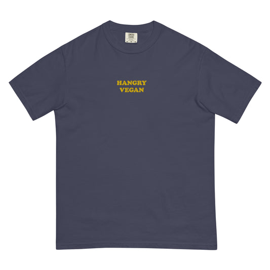 This blue and yellow funky hangry vegan t-shirt is garment dyed with a funny vegan embroidery design. This t-shirt is unique and makes a great vegan gift for all of your vegan friends. This funny t-shirt for vegans is soft and comfortable. Look good and stay weird in our funky streetwear with vegan sayings and designs. 