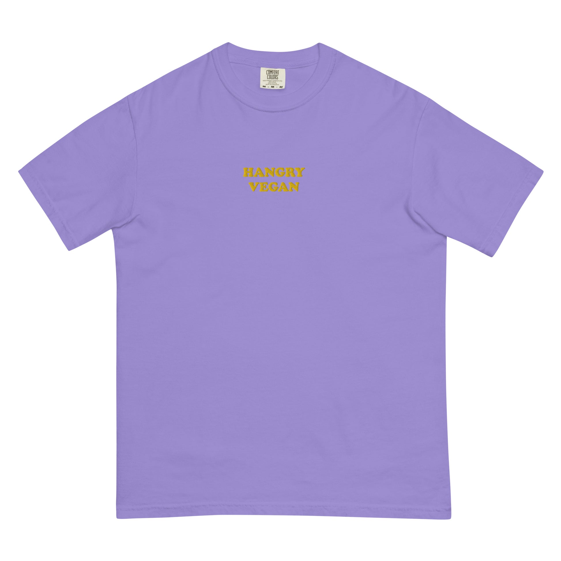 This purple and yellow funky hangry vegan t-shirt is garment dyed with a funny vegan embroidery design. This t-shirt is unique and makes a great vegan gift for all of your vegan friends. This funny t-shirt for vegans is soft and comfortable. Look good and stay weird in our funky streetwear with vegan sayings and designs. 