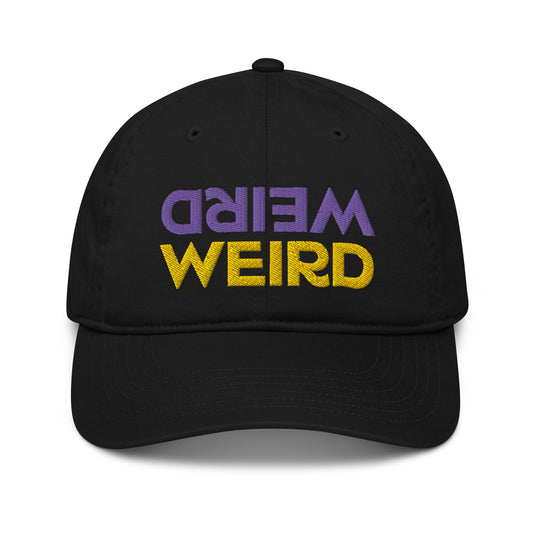 Weird vibes only! This 'weird' dad hat is a funky, eco friendly hat that never goes out of style. It's cute, unusual and 100% organic cotton. Stay weird and be yourself in this Eco friendly weird yellow and purple hat. Shop more eco friendly clothing, funky shirts, foodie hats, and unique designs at Nina's Funky Shop. 