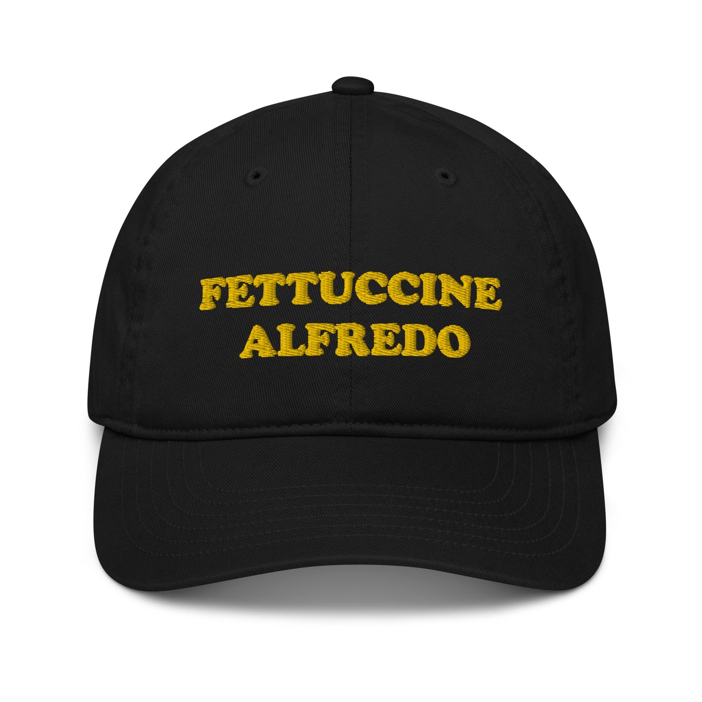 A classic dad hat with a unique "FETTUCCINE ALFREDO" embroidery. This 100% organic cotton, sustainable eco-friendly hat is a funny hat for pasta lovers. The weird and funny dad hat is unique gift for foodies. We also have a fettuccine alfredo beanie and trucker hat. Shop foodie fashion, weird beanies, vegan clothing and more.