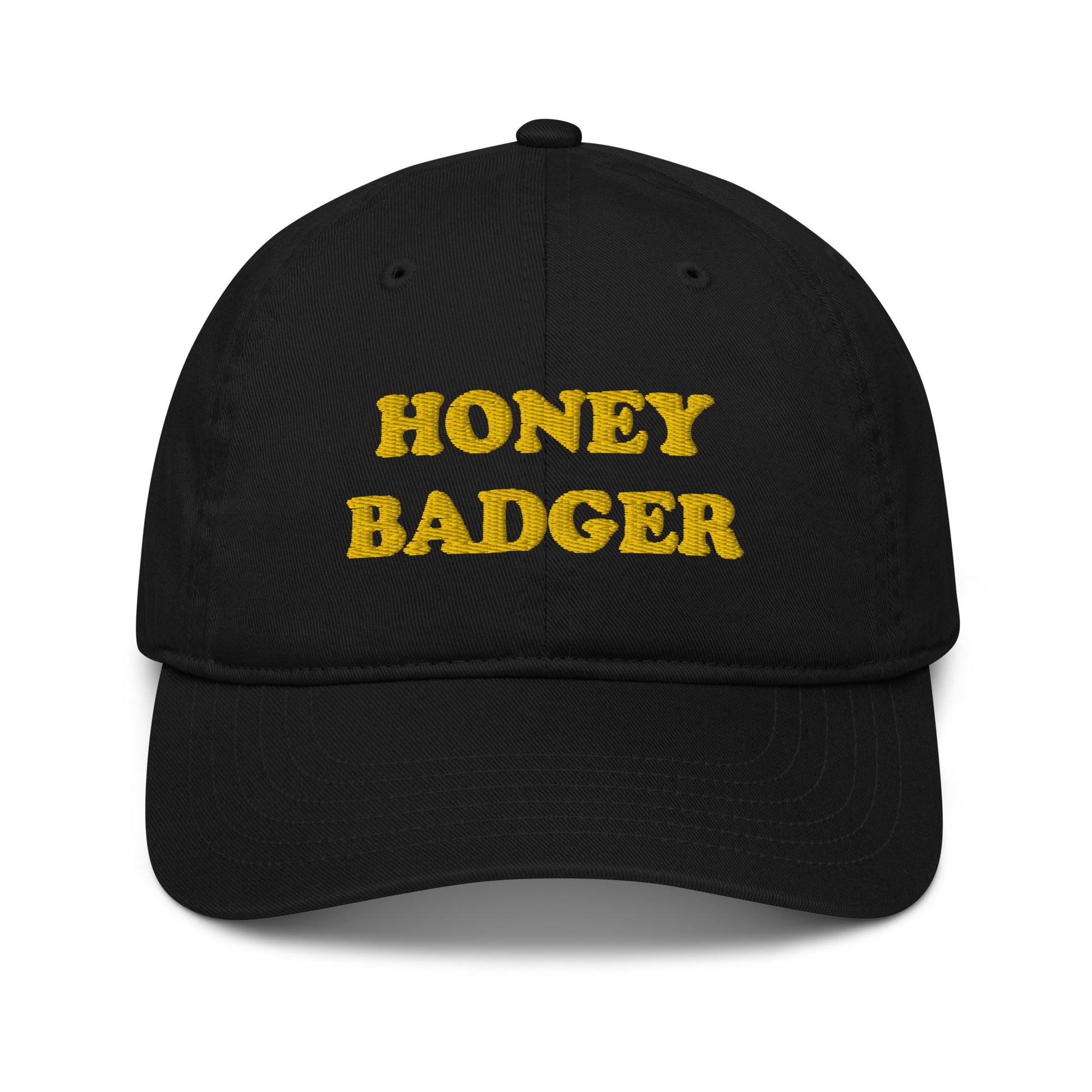 Black honey badger dad hat. Unisex, funky, weird - This eco friendly honey badger dad Hat is the perfect choice for the eco-minded honey badger lover. Wear it as an everyday accessory or give a funny gift for honey badger enthusiasts. It's a unique and funny dad hat with a honey badger embroidery. Made of 100% organic cotton, it's a sustainable hat made just for you.