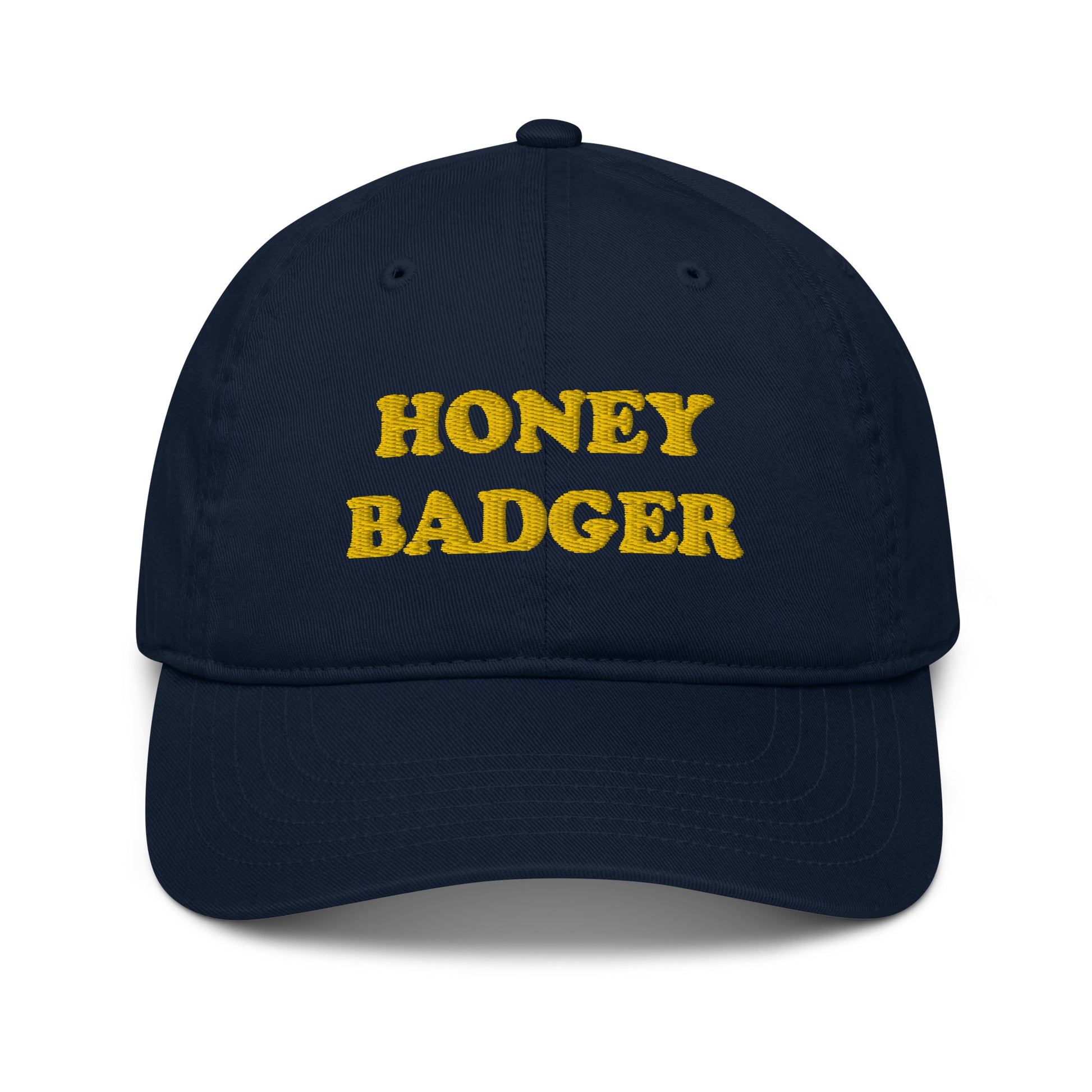 Fearless honey badger dad hat in navy blue - This eco friendly honey badger dad Hat is the perfect choice for the eco-minded honey badger lover. Wear it as an everyday accessory or give a funny gift for honey badger enthusiasts. It's a unique and funny dad hat with a honey badger embroidery. Made of 100% organic cotton, it's a sustainable hat made just for you.