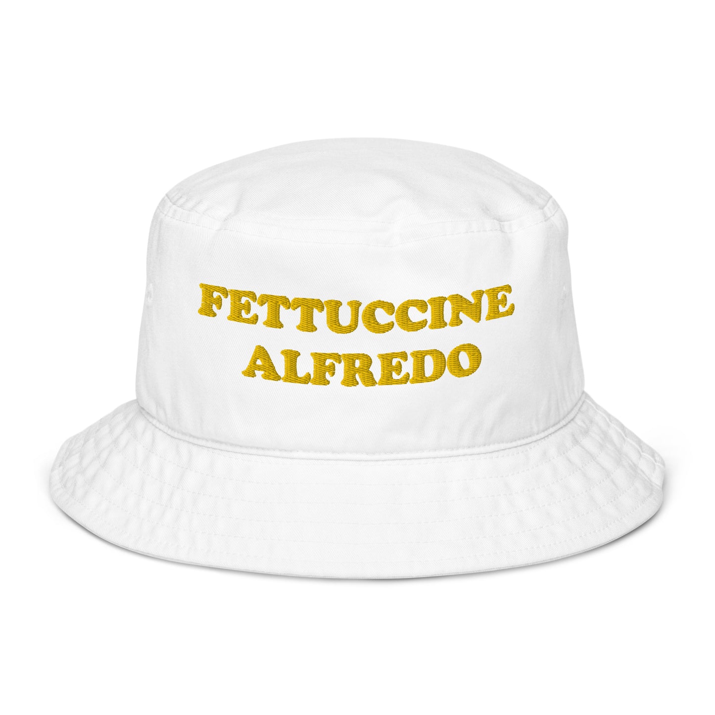 Eco friendly white bucket hat for foodies. Eat some fettuccine alfredo in this funny bucket hat. It's an eco friendly, organic cotton bucket hat that's a funny gift or weird hat for foodies. This fettuccine alfredo bucket hat will be your new favorite funky sun hat. If you love food, this food lover hat is exactly what you need. 