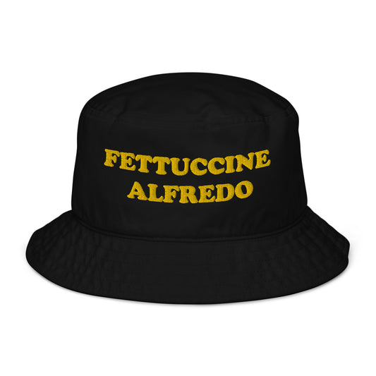 Black embroidered fetuccine Alfredo lover bucket hat - Are you a fettuccine Alfredo? Spice up your style in this funny food bucket hat! This weird and unique foodie bucket hat is designed for fettuccine Alfredo enthusiasts. It's the perfect summer statement accessory for pasta lovers. Wear is as a funny everyday bucket hat or give it as a unique fettuccine Alfredo lover gift 