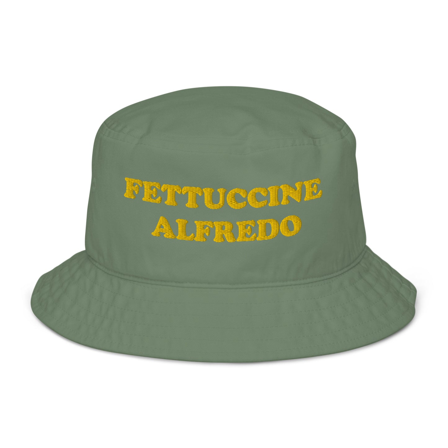 Funny green and yellow bucket hat for foodies. Eat some fettuccine alfredo in this funny bucket hat. It's an eco friendly, organic cotton bucket hat that's a funny gift or weird hat for foodies. This fettuccine alfredo bucket hat will be your new favorite funky sun hat. If you love food, this food lover hat is exactly what you need. Food clothing and accessories.