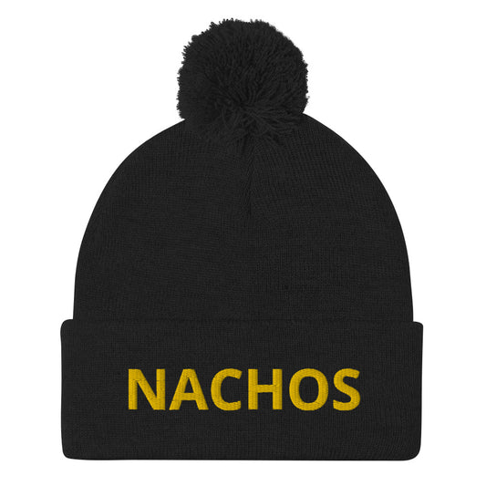 Black nachos beanie - Love nachos? Looking for a funny hat for a foodie? Our Nachos Beanie is is comfortable, warm and expertly embroidered just for you. It's a classic beanie with a pom pom on tap, perfect for everyday streetwear or a gift for a nacho enthusiast.